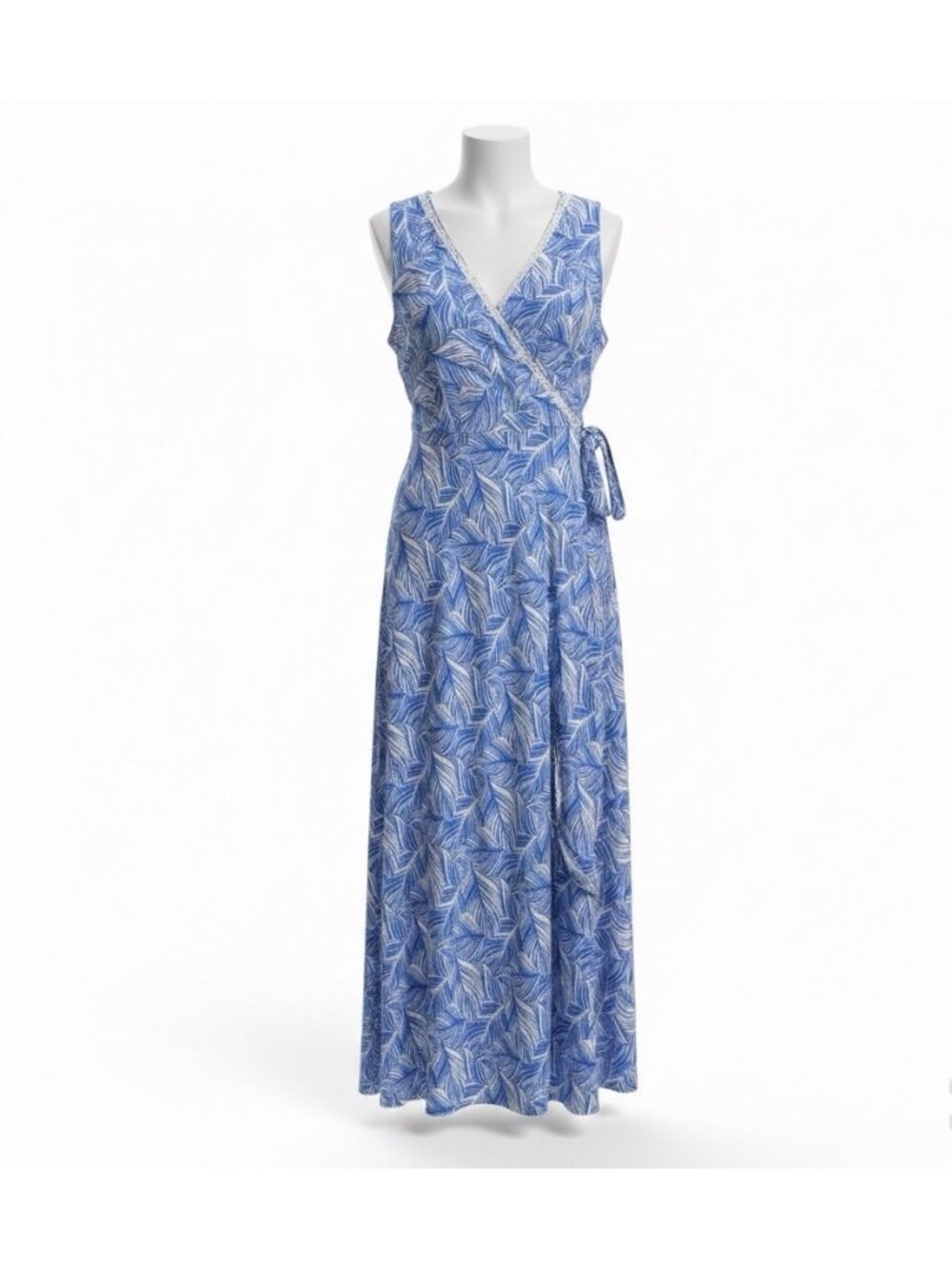 Santiki Womens Blue Wrap Dress Leaf Print Sleeveless Lightweight Vacation Sz  XL